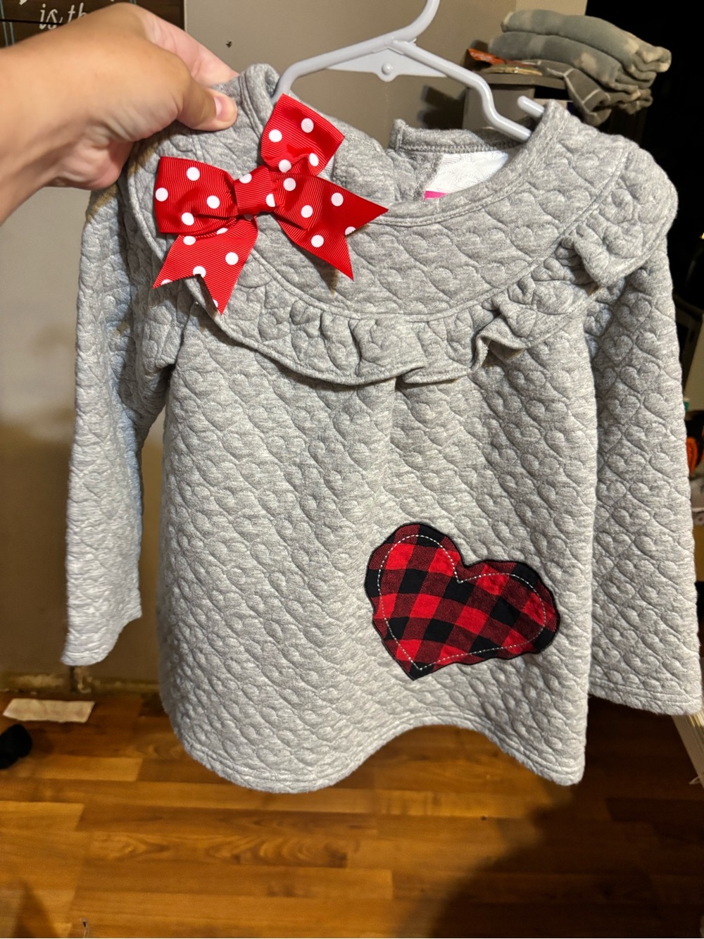 Good Lad Gray Quilted Top with Red Polka-Dot Bow and Plaid Heart